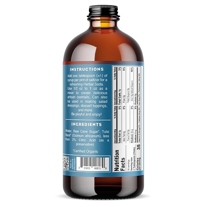 Bluestem Botanicals Organic Tulsi Basil Simple Syrup, 8 oz, Cocktail and Mocktail Mixer for Drinks