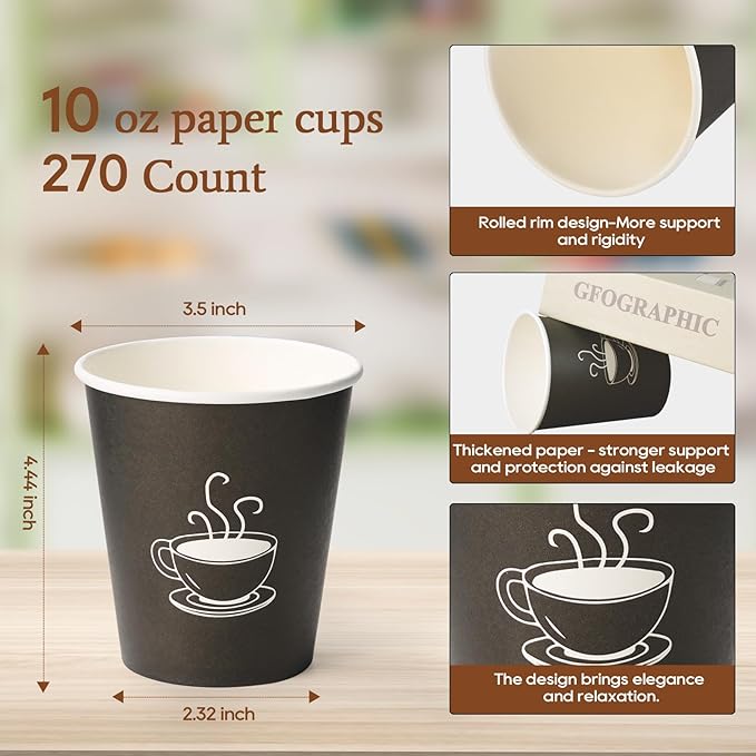 10 oz Paper Cups, 270 Count, Disposable Coffee Cups for Water, Juice or Tea, Perfect for Office