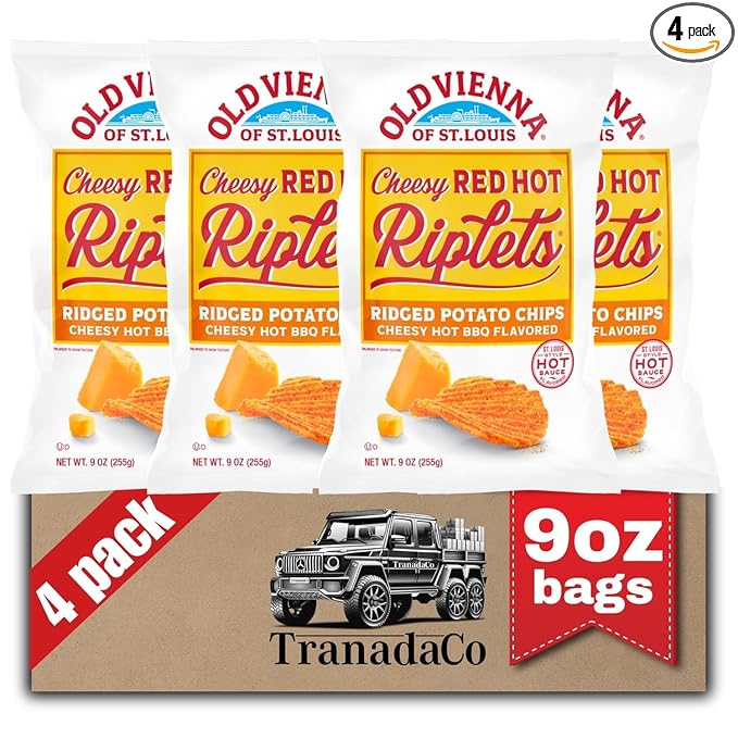 Old Vienna of St. Louis Cheesy Red Hot Riplets Ridged Potato Chips 9oz Bags (4 Pack) by TranadaCo
