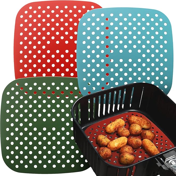 Reusable Square Silicone Air Fryer Liners (7.5 Inch, 3 Pack) by Linda’s Essentials - Non-Stick