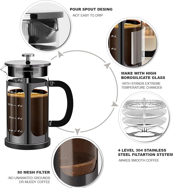 French Press Coffee Maker (21oz 600ML 3-4Cup) Coffee Press, with 4 Filters System, Heat Resistant