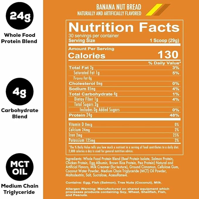 REDCON1 MRE Lite Whole Food Protein Powder, Banana Nut Bread - Low Carb & Whey Free Meal
