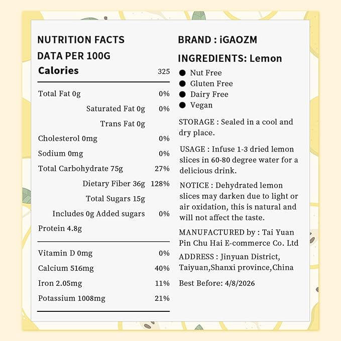 iGAOZM Dehydrated Dried Lemon Slices,3.52oz/100g,No Sugar Added,Natural Dried Lime