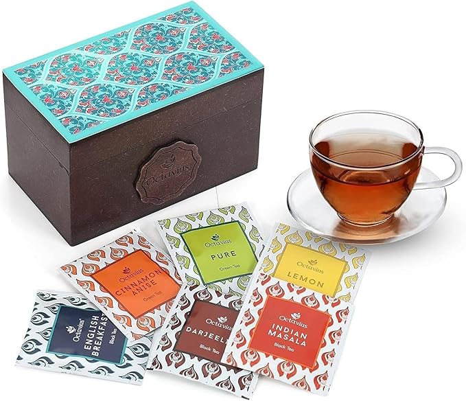 Octavius Assorted Tea Gift Set | 6 Assorted Black & Green Teas | 30 Teabags | Wooden Tea Sampler