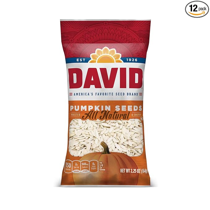 DAVID Roasted and Salted Pumpkin Seeds, 2.25 oz, 12 Pack