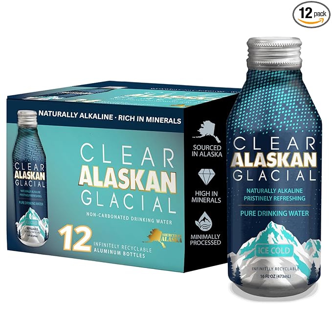 Clear Alaskan Fresh Glacier Water, Naturally Alkaline - Bottled in Aluminum with No Plastic | 16 Fl