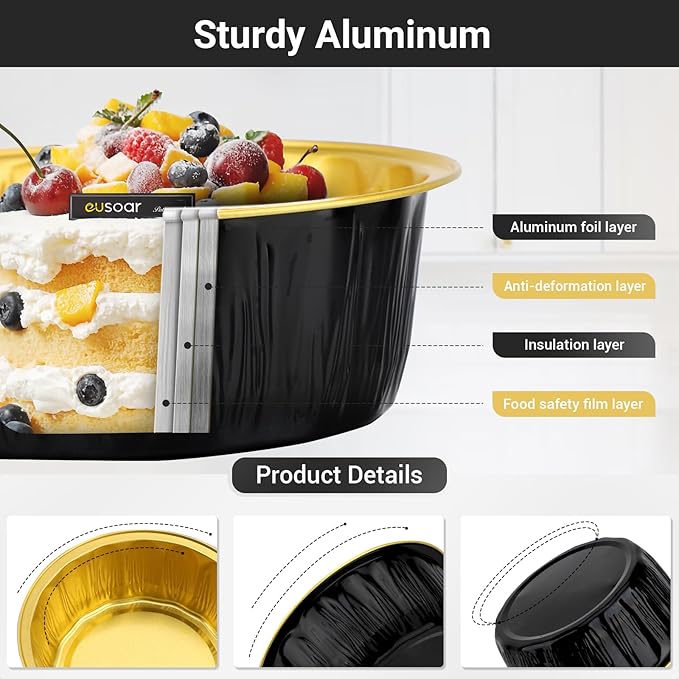 EUSOAR Cupcake Liners, 25pcs 9oz Black Disposable Ramekins with Lids Oven Safe, Cake Container Pans