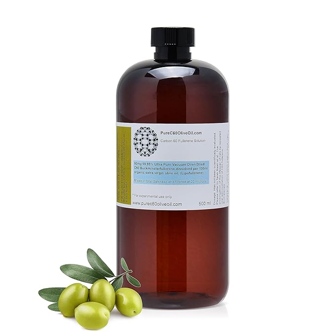 PureC60OliveOil C60 Organic Olive Oil 500ml / 16.9 Fl Oz - 99.95% Carbon 60 Solvent Free 400mg
