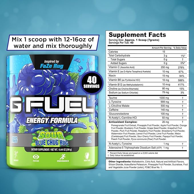 G Fuel Chug Rug Energy Drink Powder, Pre Workout Caffeine Mix for Gaming, Sugar Free Focus Amino
