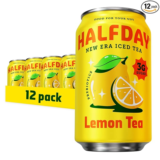HALFDAY Prebiotic Lemon Iced Tea Cans, Supports Digestive & Gut Health, 6g Plant Fiber &