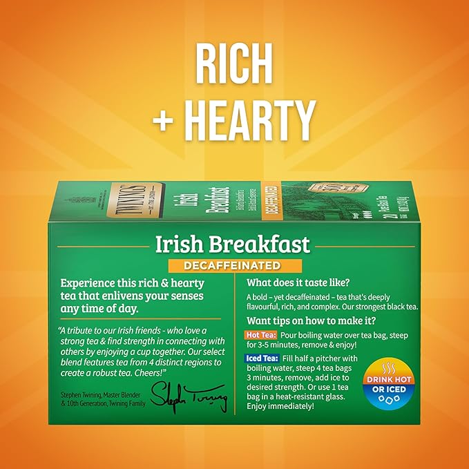 Twinings Decaffeinated Irish Breakfast Black Tea Individually Wrapped Bags, 20 Count (Pack of 6)