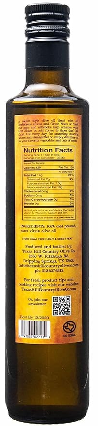 Texas Hill Country Olive Co Miller's Blend Extra Virgin Olive Oil - Cold Pressed EVOO Gourmet Olive