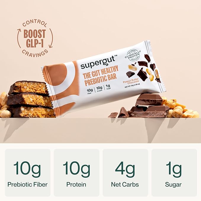 Supergut GLP-1 Boosting Prebiotic Bars, Peanut Butter Chocolate - Gut Healthy Protein Snacks &