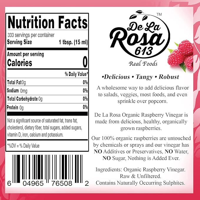 De La Rosa Organic Raspberry Vinegar, Raw & Unfiltered Pure Vinegar, Vegan, Gluten Free & Kosher