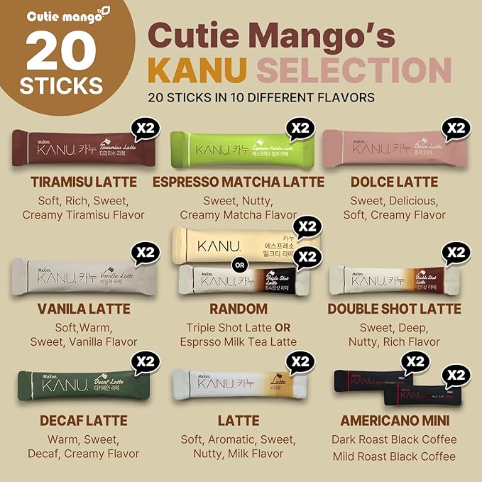 CUTIE MANGO Maxim KANU Premium Korean Instant Coffee Sampler Latte & Americano Assortment Café
