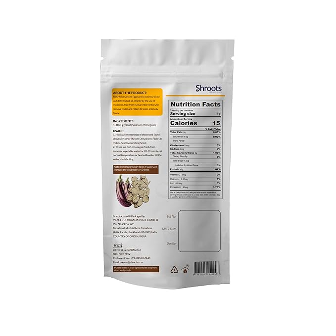 SHROOTS Dehydrated Eggplant Flakes Pure Vegetarian Gluten-Free No Added Salt Easy Cooking Machine