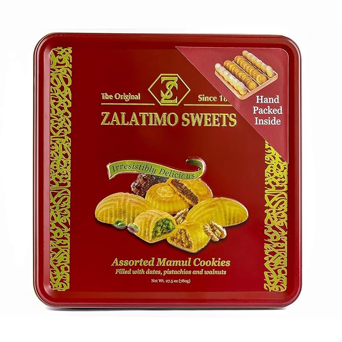 Zalatimo Sweets Since 1860, 100% All Natural Assorted Mamoul Shortbread Cookies, Square Metal Gift