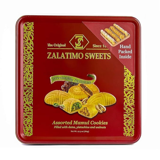 Zalatimo Sweets Since 1860, 100% All Natural Assorted Mamoul Shortbread Cookies, Square Metal Gift