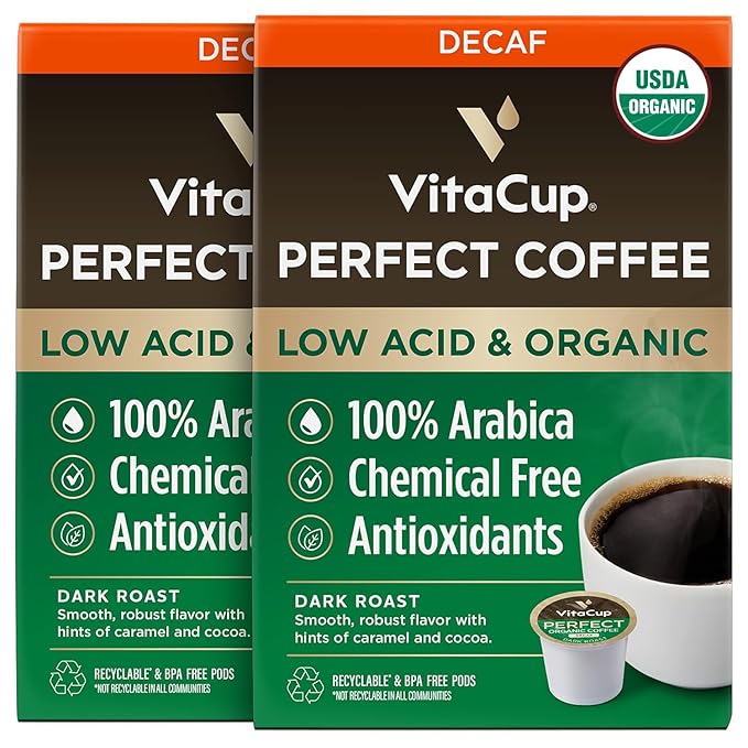 VitaCup Organic Perfect Dark Roast Decaf Coffee Pod for Pure & Clean Energy, Antioxidants, Low