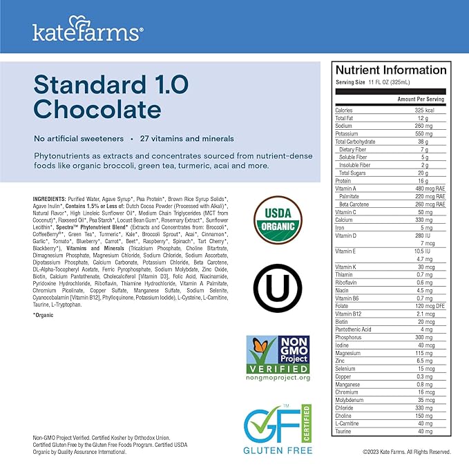 KATE FARMS Organic 1.0 Sole-Source Nutrition Shake, Chocolate, 16g Protein, 27 Vitamins and