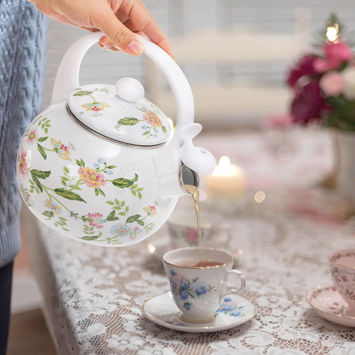 Jucoan 2.3 Quart Vintage Enamel Tea Kettle, Whistling Tea Kettle for Stove Top, Floral Enamel on