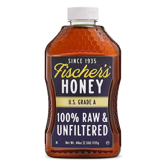 Fischer’s 100% Pure, Raw & Unfiltered Honey, 40 oz – USA Made Honey – All-Natural Sweetener – Rich