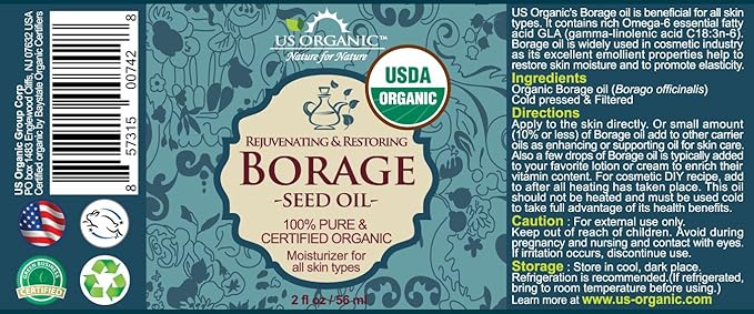 US Organic Borage seed Oil (18% GLA), USDA Certified Organic, 100% Pure & Natural, Cold Pressed