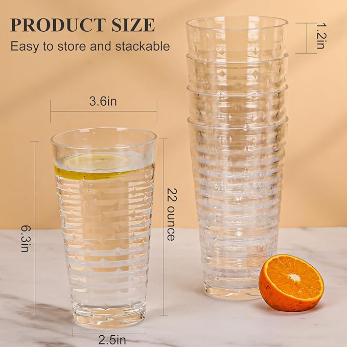 Acrylic Clear Highball Plastic Cups | Plastic Reusable Tumblers 22oz (Set of 6) | Stackable |