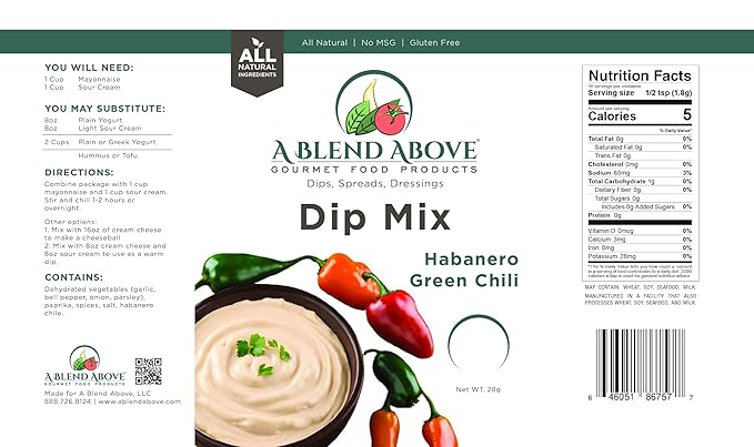 A Blend Above Habanero Green Chili Dip Mix Mixed Seasonings Packet, 1 oz (3 Pack),Spicy Dip