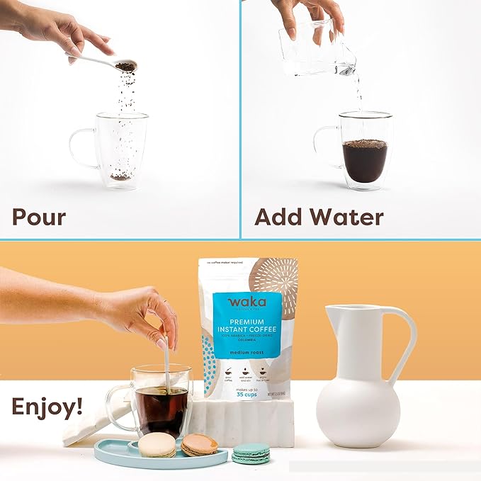 Waka Instant Coffee, Medium Roast - 100% Arabica Colombian Beans, Freeze Dried Granules, No Sugar