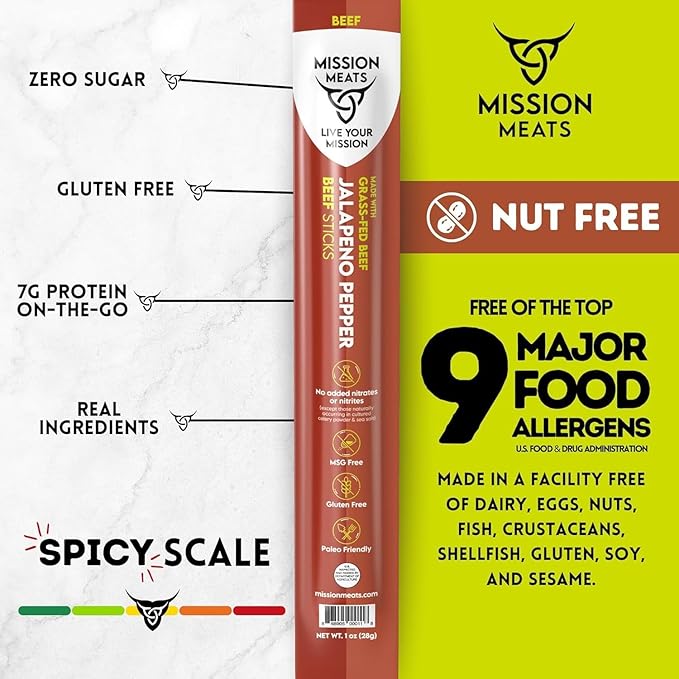 Mission Meats Beef Sticks – 100% Grass Fed & Pasture Raised, Sugar Free, Individually Wrapped