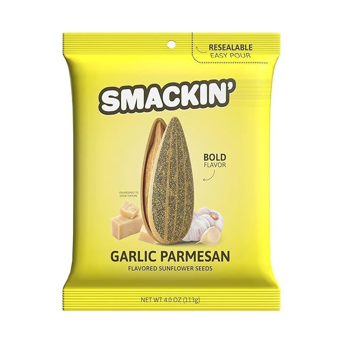 SMACKIN' - Jumbo Roasted Sunflower Seeds, No Salty Burn, American Made, Easy Pour & Seal - Garlic