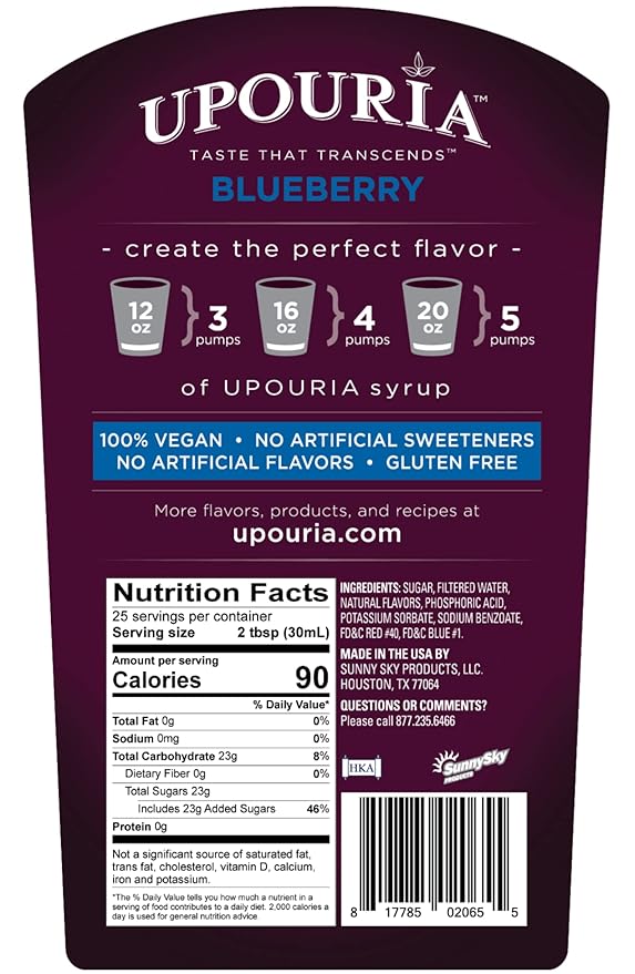 Upouria Blueberry Syrup Flavoring, 100% Vegan, Gluten-Free, Kosher, 750ml bottle (Pack of 2) with 1