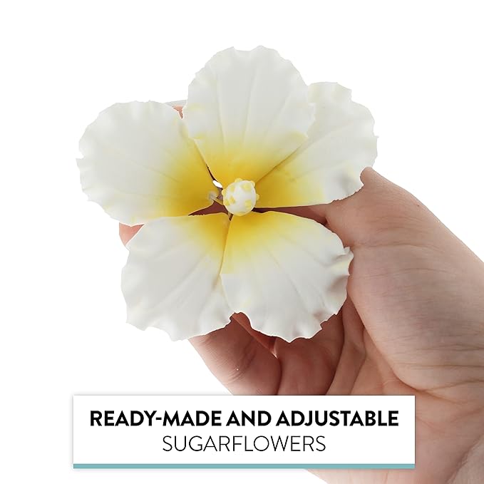 Global Sugar Art Hibiscus Sugar Cake Flowers, White with Yellow, Hawaiian Cake Flower Large 3 Count