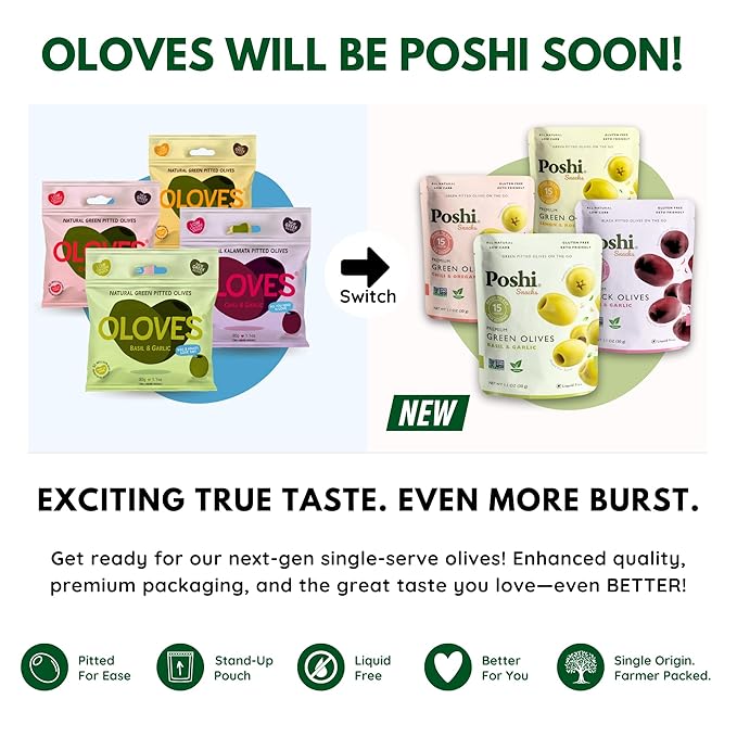 Poshi Natural Whole Pitted Olives | 24 Pack Variety | Basil & Garlic, Chili & Oregano, Chili +