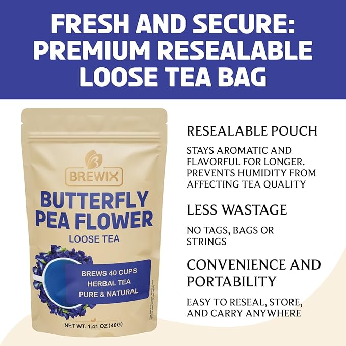 BREWIX, Butterfly Pea Flower Herbal Tea Loose Leaf (40+ Cups,1.41oz/40g) | Caffeine Free | Premium