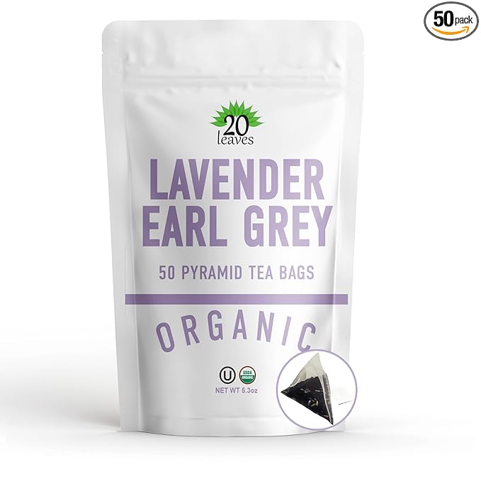 Lavender Earl Grey Black Tea - 100% Certified Organic - 50 Pyramid Tea Bags Sachets in a Resealable