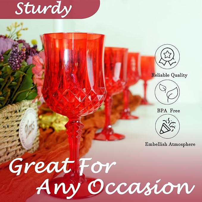 Plastic Wine Glasses，Plastic Goblets Vintage Style Cordial Drinking Glasses for Wedding Reception
