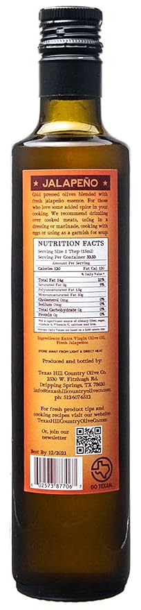 Texas Hill Country Olive Co Jalapeno Infused Olive Oil - Cold Pressed Gourmet EVOO Olive Oil