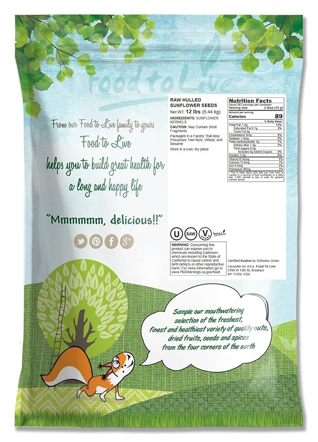 Food to Live Sunflower Seeds, 12 Pounds – Non-GMO Verified, Kernels, No Shell, Kosher, Raw, Vegan