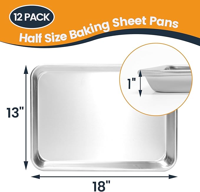 12 Pack Half Size Baking Sheet Pan, Aluminum Commercial Cookie Sheet Pan, Durable & Anti-Stick 18?쓝