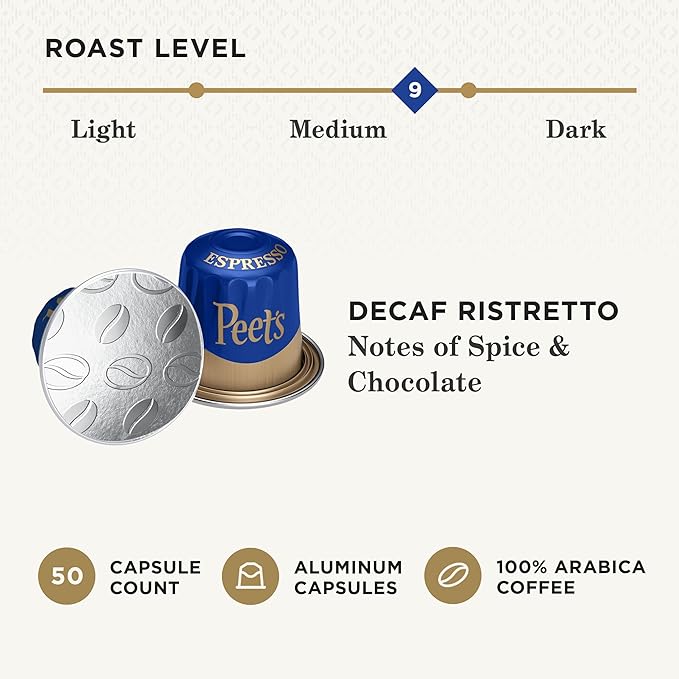 Peet's Coffee, Medium Roast Decaf Espresso Capsules, Compatible with Nespresso Original Machine
