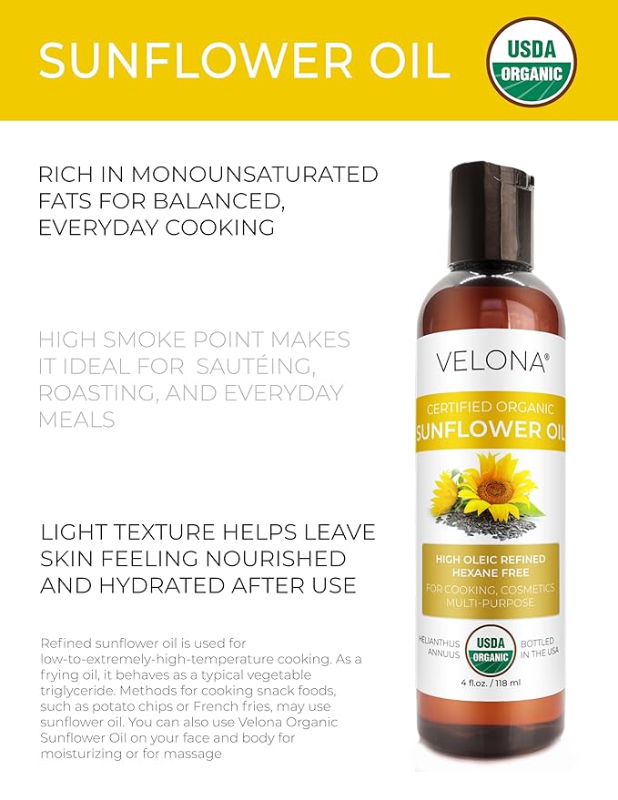velona USDA Certified Organic Sunflower Oil - 4 Fl Oz | 100% Pure and Natural Carrier Oil | High