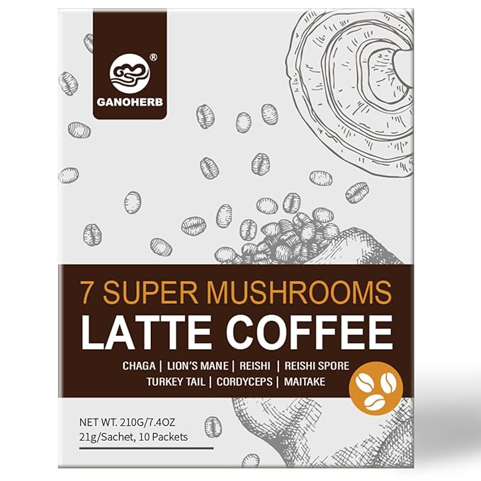 GANOHERB 7 in 1 Mushroom Coffee Mix, Instant Latte Coffee Blend Nootropic Cafe Complex with Reishi