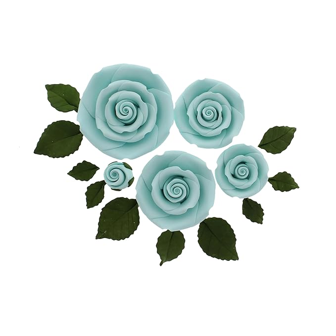 Global Sugar Art Exquisite Rose & Leaf Tray Sugar Cake Flowers, Blue Unwired, 5 Count by Chef Alan