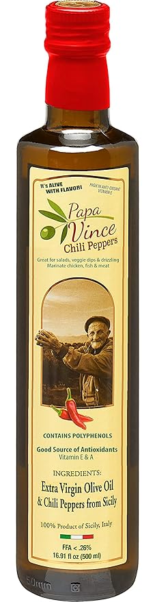 Papa Vince Olive Oil Extra Virgin - First Cold Pressed, Polyphenol Rich Olive Oil (EVOO). Chili