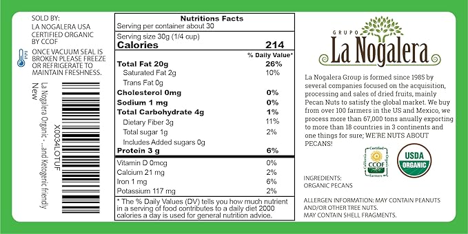 La Nogalera Organic - USDA and CCOF Certified Organic Pecan Pieces in 2 pound bag. Chopped Pecan