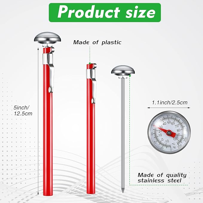 Xuhal 24 Pcs Stainless Steel Kitchen Thermometer with 5 Inch Long Stem 1 Inch Dial Thermometer Milk
