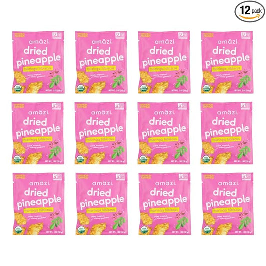 Am채zi Foods | Dried Pineapple - Moringa Hibiscus (12 Pack) | All Natural Mini Travel Snacks | No