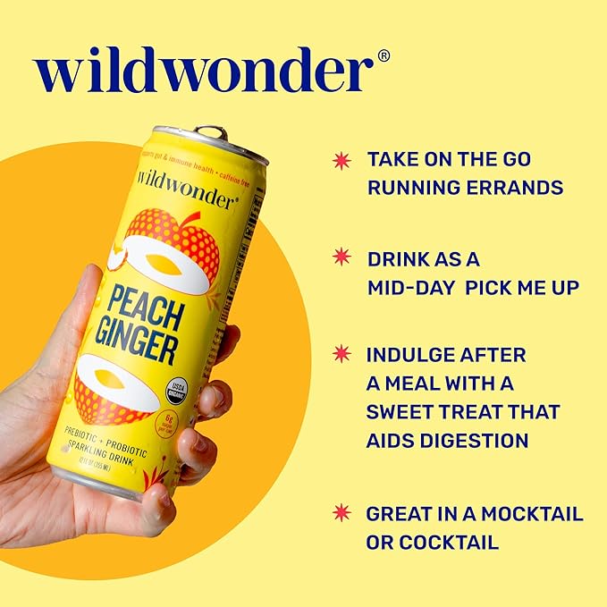 wildwonder Sparkling Probiotic Drink 12pk, For Gut Health & Immune Support, Peach Ginger, 5g